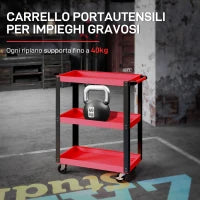 Carrello Porta Attrezzi a 3 Ripiani in Metallo e PP, 70.5x35x82.5 cm, Rosso e Nero