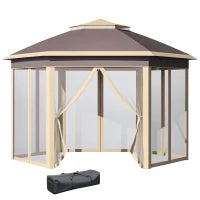 Gazebo Pieghevole da Giardino 4x3.4 m ad Altezza Regolabile con Zanzariera e Doppio Tetto, Beige