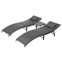 Lettini Prendisole Richiudibili con Cuscini Rimovibili e Tavolino Pieghevole, Set 3 Pz in Rattan, Grigio