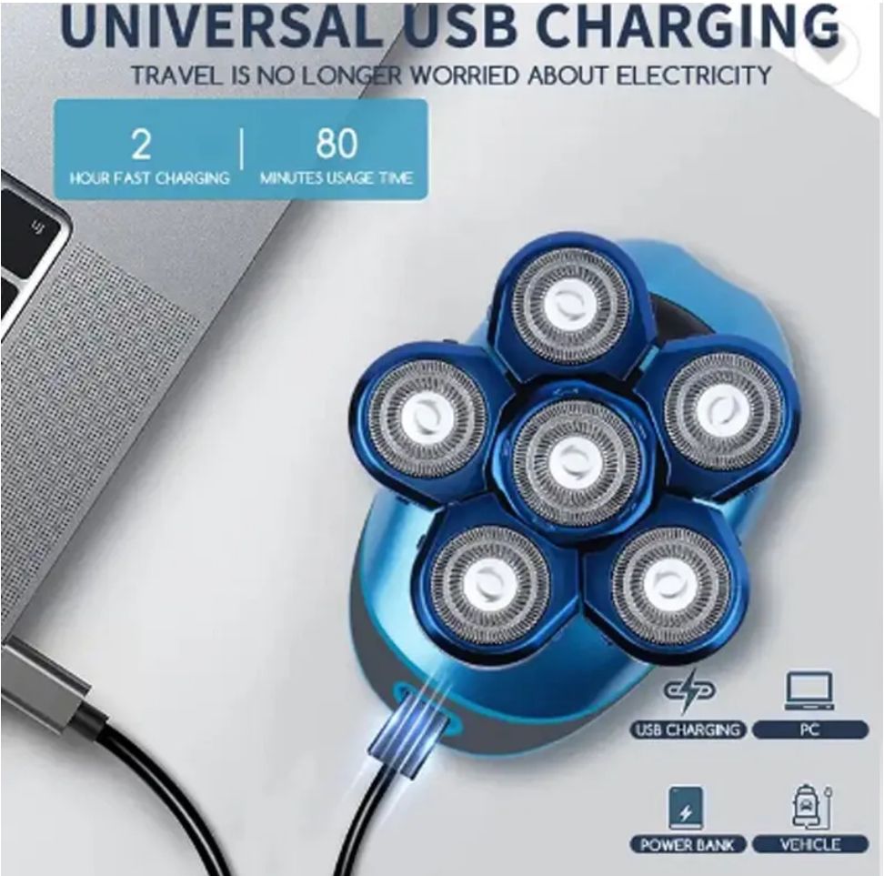 Rasoio Elettrico Ricaricabile 6 Testine Rotanti Viso Testa IPX6 Art.60105