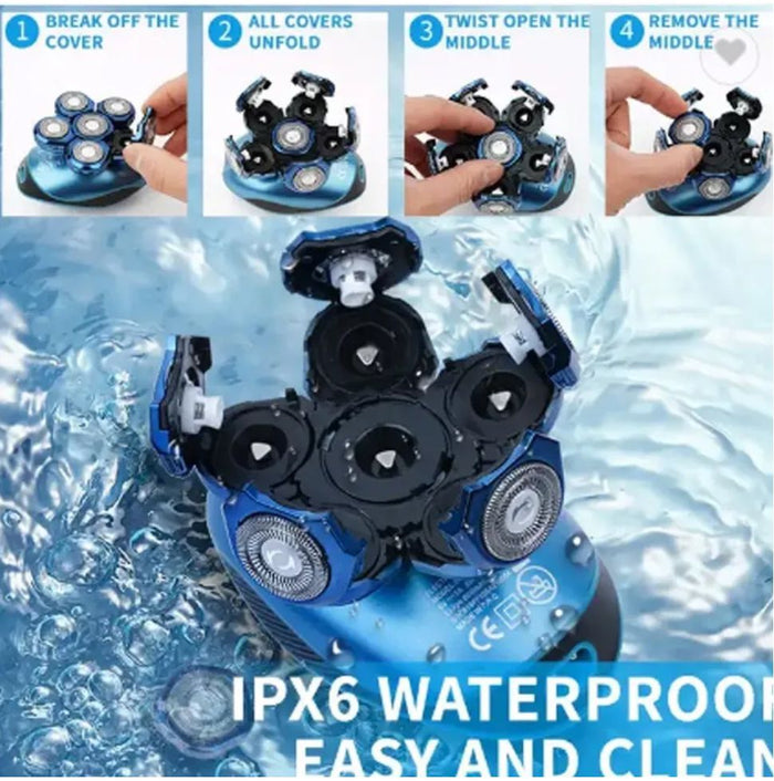 Rasoio Elettrico Ricaricabile 6 Testine Rotanti Viso Testa IPX6 Art.60105