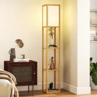 Lampada da Terra con Ripiani e Portalampada E27, Legno Naturale