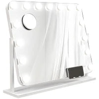 Specchio da Trucco con 14 Luci LED Regolabili e Ricarica USB, in Vetro e Metallo, 62.5x14x49.5 cm, Bianco