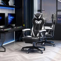Sedia da Gaming Ergonomica, Sedia da Ufficio Confortevole con Poggiapiedi, Poggiatesta e Cuscino Lombare, Altezza Regolabile, Nero e Bianco