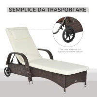 Lettino Prendisole da Giardino con Ruote, Sedia a Sdraio per Spiaggia con Altezza Regolabile in Rattan, Marrone e Crema, 200x73x103cm