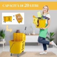Secchio Lavapavimenti Professionale 20L con Mocio, Strizzatore, Ruote e Manico, 45x26.5x70 cm, Giallo