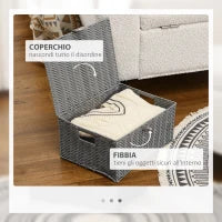 Set di 3 Cesti in Vimini PP con Coperchio di Diverse Dimensioni, Grigio
