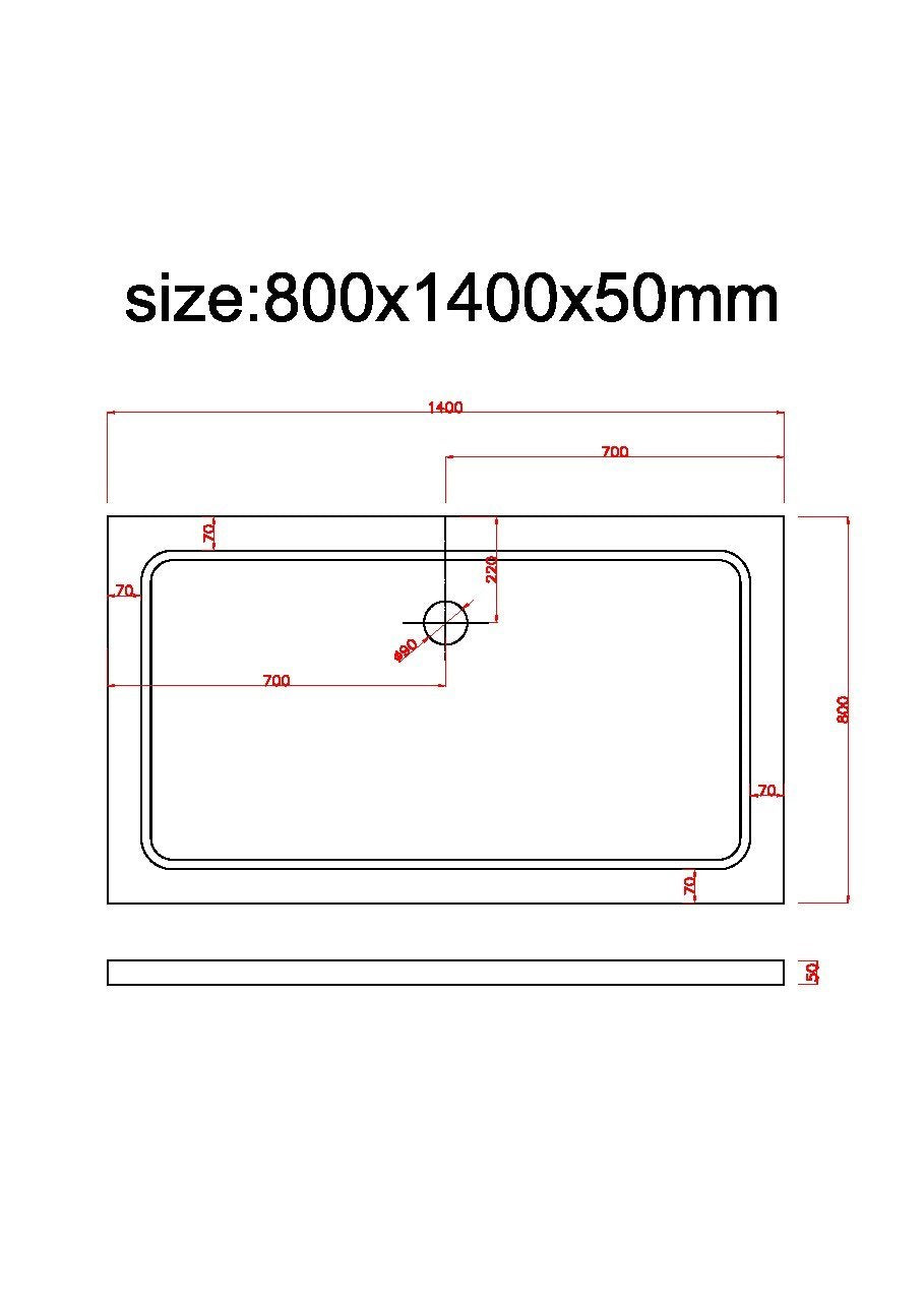 Piatto Doccia Rettangolare Ribassato In Abs H 5cm Con Piletta Inclusa 80x140