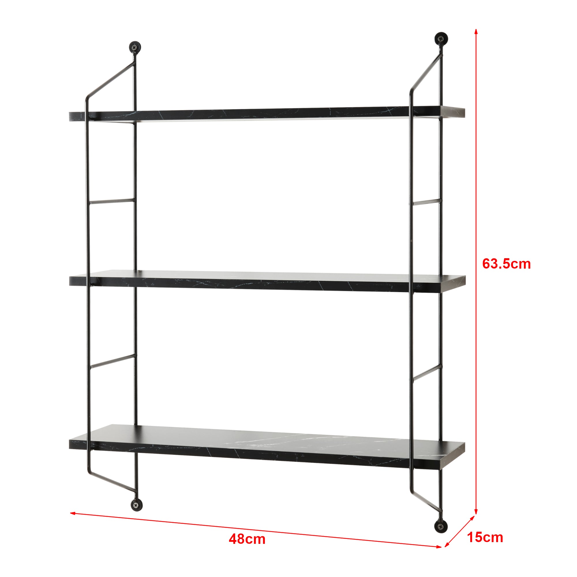 Scaffale da Parete Ösel a 3 Ripiani Regolabili 48 x 15 x 63.5 cm Effetto Marmo Nero / Nero [en.casa]
