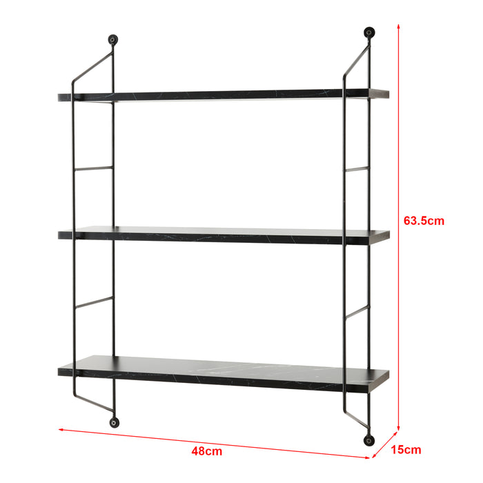 Scaffale da Parete Ösel a 3 Ripiani Regolabili 48 x 15 x 63.5 cm Effetto Marmo Nero / Nero [en.casa]