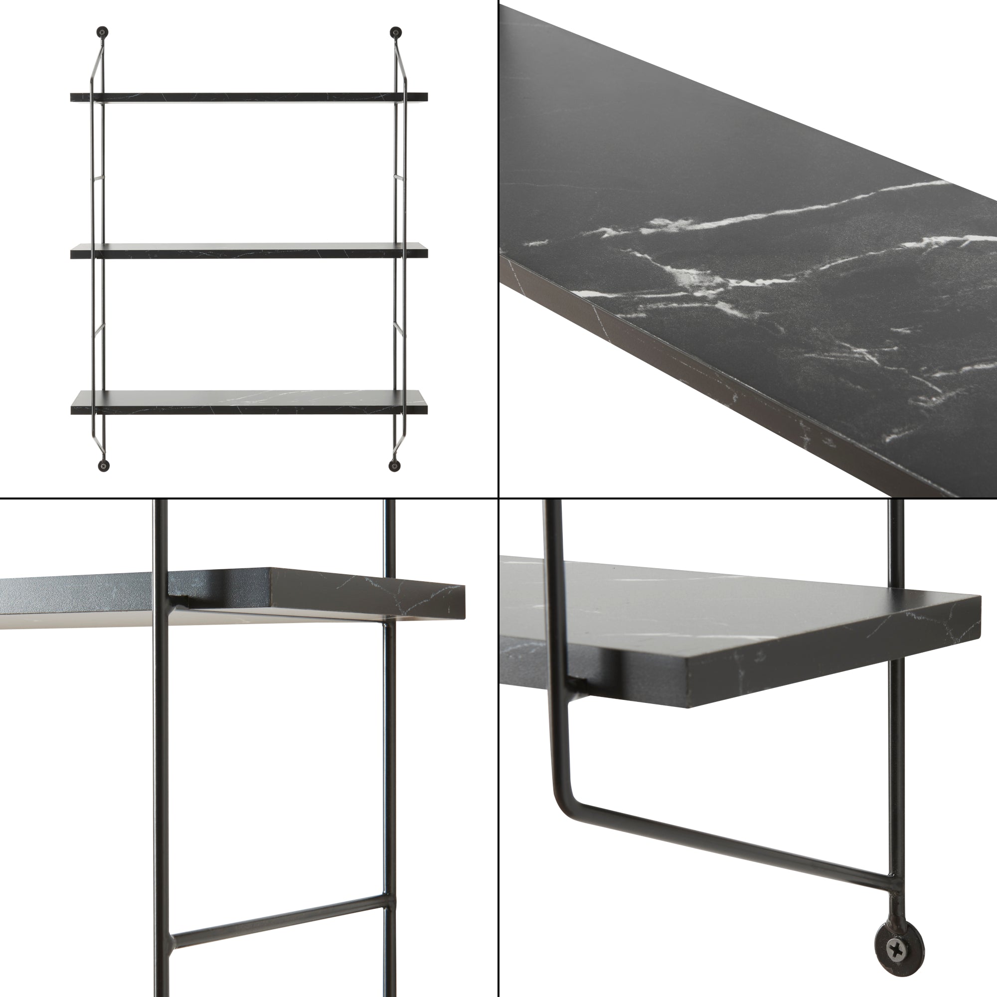 Scaffale da Parete Ösel a 3 Ripiani Regolabili 48 x 15 x 63.5 cm Effetto Marmo Nero / Nero [en.casa]