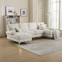 Divano componibile moderno grande in Chenille a forma di U, con Doppi Sedili Reclinabili,  Beige