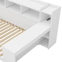 Divano letto multifunzionale 90x200 cm, con mensola per comodino, 2 cassetti e scrivania integrata, senza materasso, Bianco