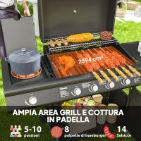 Barbecue a Gas con Fornello Laterale, Tavolino e Armadietto, in Acciaio e PP, 129.5x56x110 cm, Nero