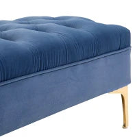 Panca Imbottita Fondoletto in Tessuto Vellutato e Base in Metallo Dorato, 118x45x42 cm, Blu