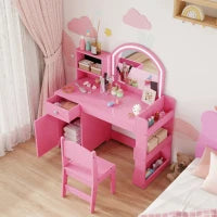 Toeletta per bambini con sgabello e specchio LED, da 3 a 8 anni, 88,6 x 38,8 x 96,9 cm, Rosa