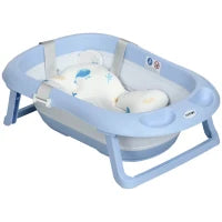 Vaschetta Bagnetto Pieghevole Bambini 0-6 Anni con Cuscino e 2 Ripiani, 83x48x23.5 cm, Blu e Bianco