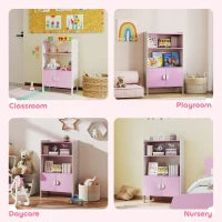 Libreria per bambini, 2 Ripiani, 2 Armadietti, autoportante, Design anti-ribaltamento, Piedini antiscivolo, MDF, Rosa+bianco