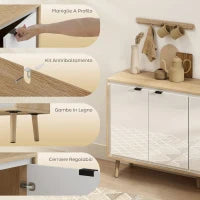 Credenza Moderna a 4 Ante con Ripiano Regolabile, 141x35x77 cm, Bianco Lucido e Rovere