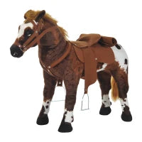 Cavallo a Dondolo per Bambini 2+ Anni con Nitrito, Sella e Staffe, in Peluche e Metallo, 85x28x60 cm, Marrone