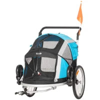 Carrello Trasporto Cani sotto i 30kg, Rimorchio Bici per Cani con Porta Anteriore e Posteriore, Finestre a Rete e Tetto Apribile, 150x82x98-108cm