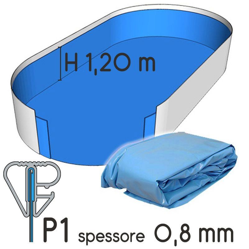 Liner Per Piscina A Forma Ovale 6,10 X 3,75 H.1,20 M Azzurro - Attacco P1 - Spessore 0,80 Mm