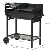 Barbecue in Acciaio con 2 Griglie Indipendenti, 2 Ruote e Ripiano Inferiore | Nero | 90cm x 45cm x 96cm