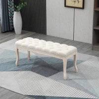 Panca Fondoletto Vintage con Seduta Imbottita in Tessuto e Gambe in Legno, 110x40x48cm, Beige