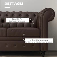 Divano 2 Posti stile Chesterfield con Cuscino Rimovibile, in Ecopelle, Legno e Metallo, 160x84x80 cm, Marrone