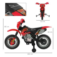 Moto Elettrica per Bambini 3-6 Anni in Plastica PP con Ruote di Supporto, Fari e Musica, 102x53x66 cm, Rosso e Nero