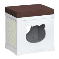 Cuccia Casetta per Gatti in Legno con 2 Cuscini e Tiragraffi Rimovibili, Bianco e Marrone, 41x30x36cm