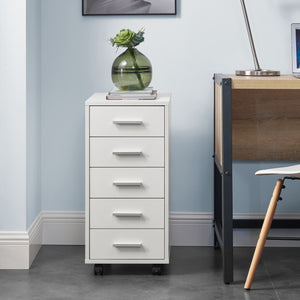 Cassettiera a Ruote Comodino con 5 Cassetti 63 x 33 x 38 cm - Bianco [en.casa]