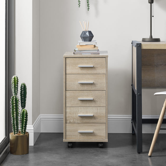 Cassettiera a Ruote Comodino con 5 Cassetti 63 x 33 x 38 cm - Effetto Rovere Sonoma [en.casa]