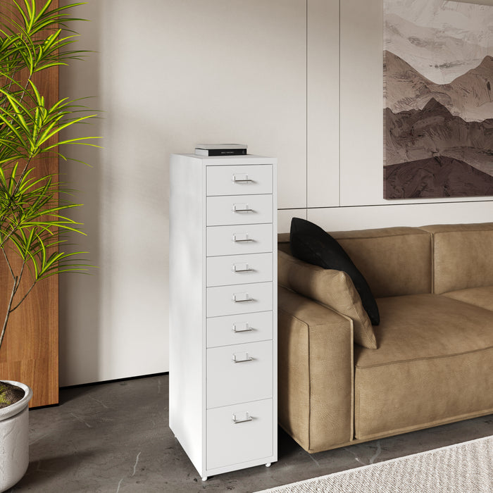 Cassettiera Kökar in Acciaio Mobile Archivio con 8 Cassetti e Rotelle - Bianco [en.casa]