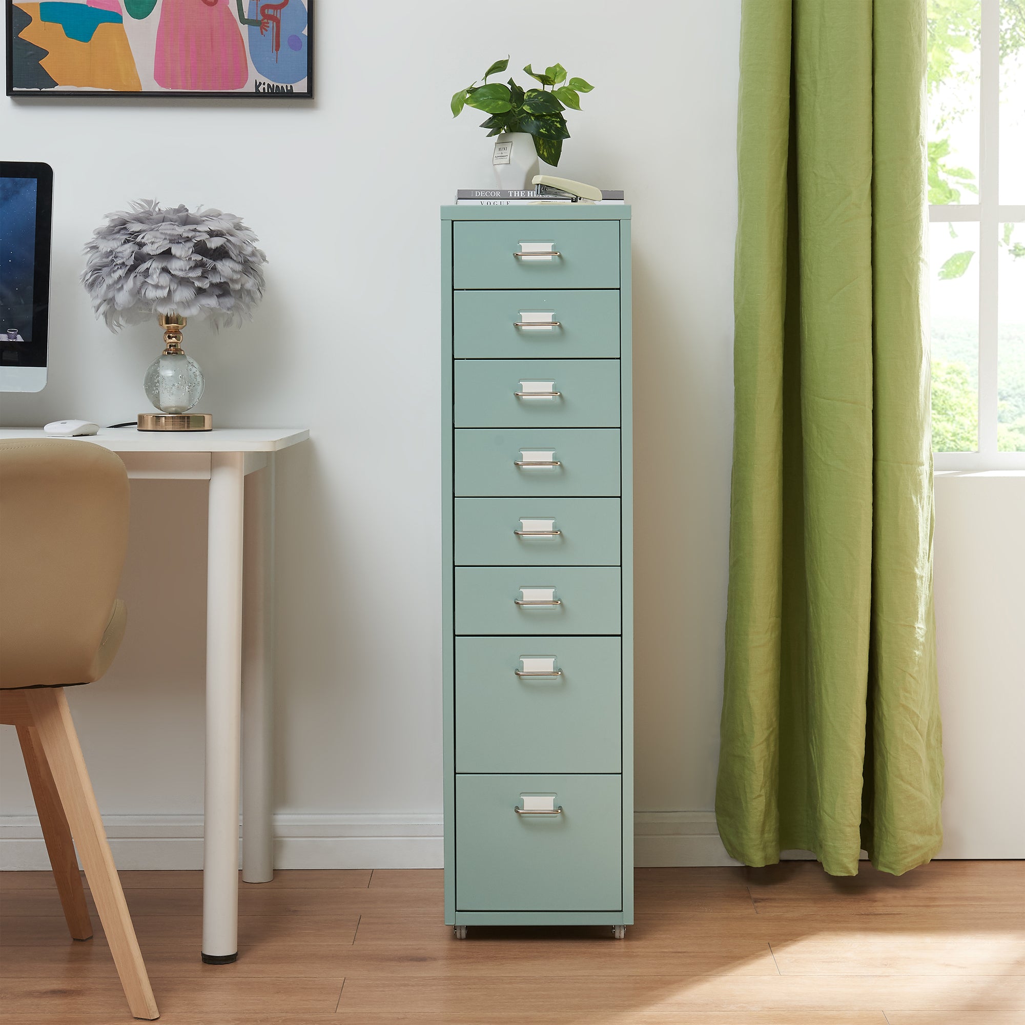 Cassettiera Kökar in Acciaio Mobile Archivio con 8 Cassetti e Rotelle - Menta Verde [en.casa]