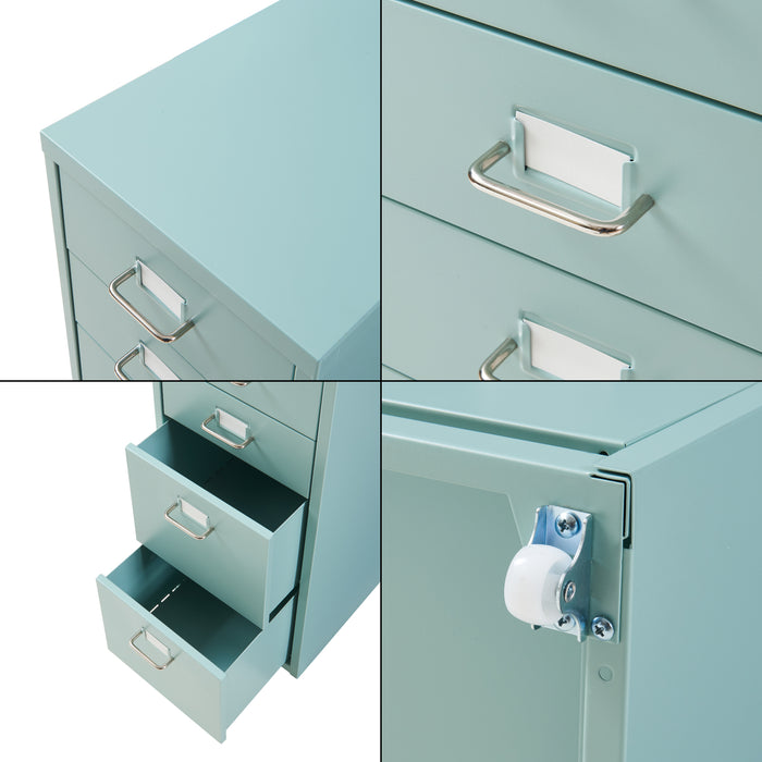 Cassettiera Kökar in Acciaio Mobile Archivio con 8 Cassetti e Rotelle - Menta Verde [en.casa]