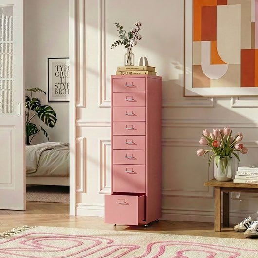 Cassettiera Kökar in Acciaio Mobile Archivio con 8 Cassetti e Rotelle - Rosa [en.casa]