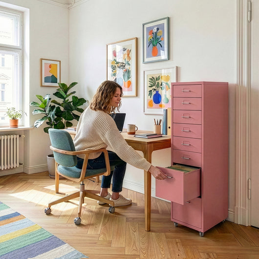 Cassettiera Kökar in Acciaio Mobile Archivio con 8 Cassetti e Rotelle - Rosa [en.casa]