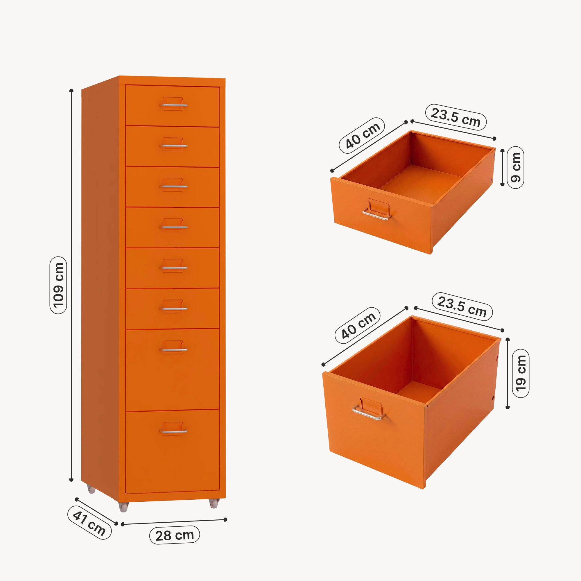 Cassettiera Kökar in Acciaio Mobile Archivio con 8 Cassetti e Rotelle - Arancione [en.casa]