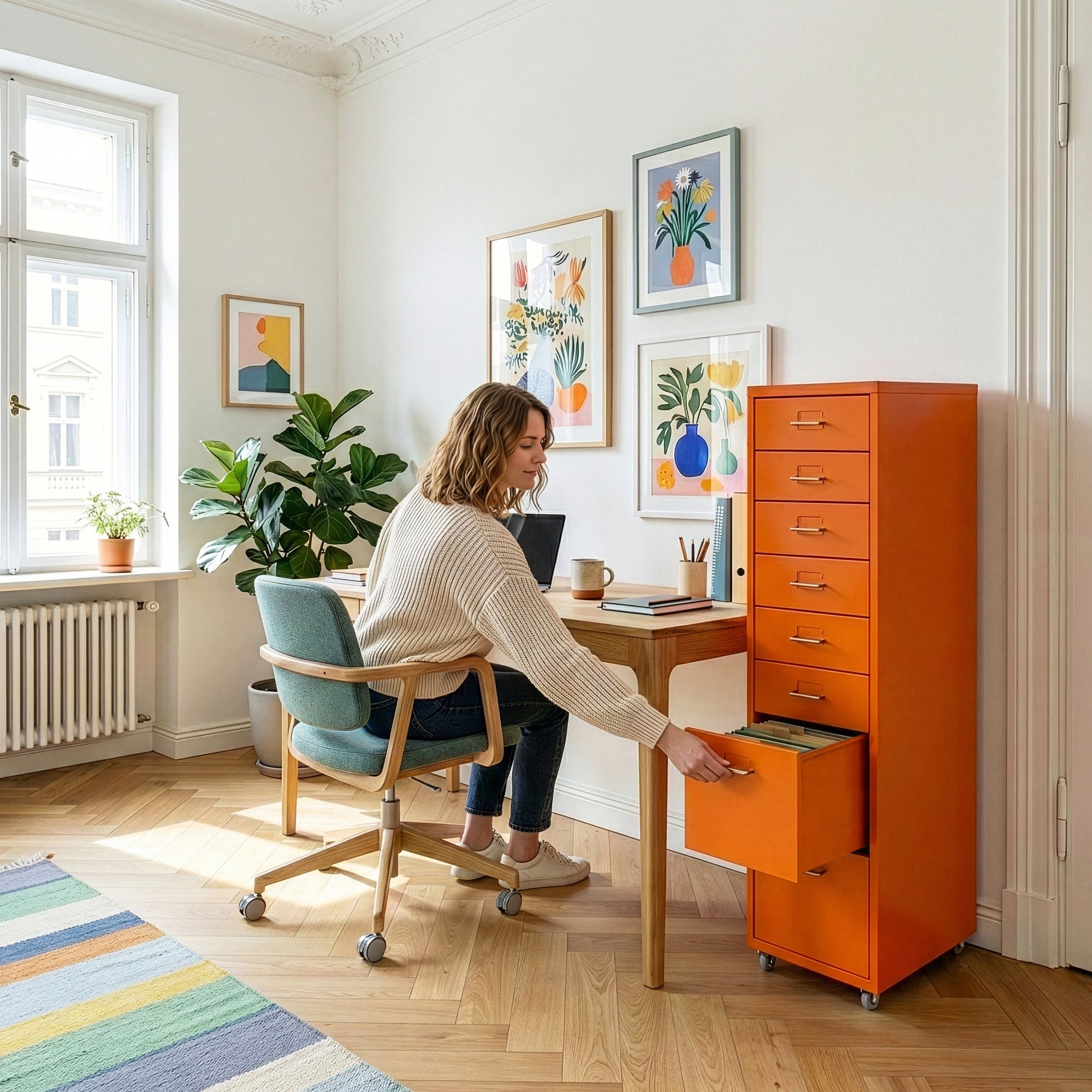 Cassettiera Kökar in Acciaio Mobile Archivio con 8 Cassetti e Rotelle - Arancione [en.casa]