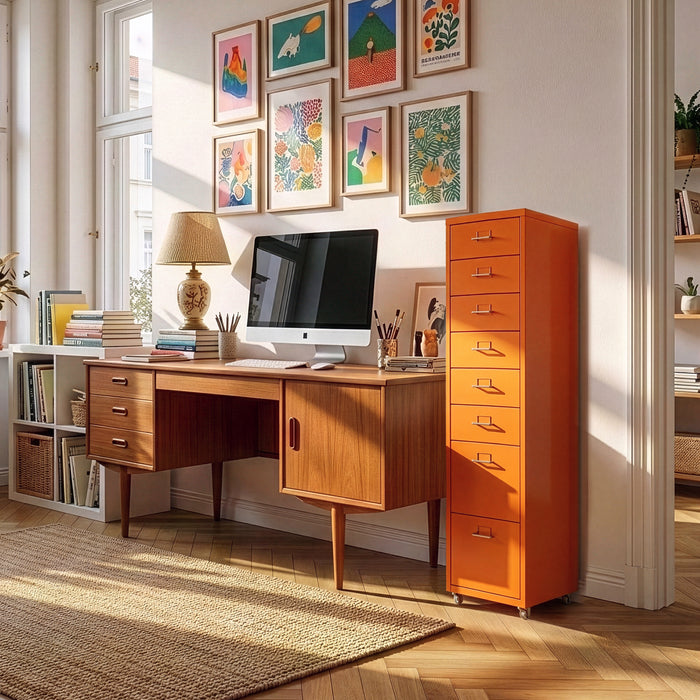 Cassettiera Kökar in Acciaio Mobile Archivio con 8 Cassetti e Rotelle - Arancione [en.casa]