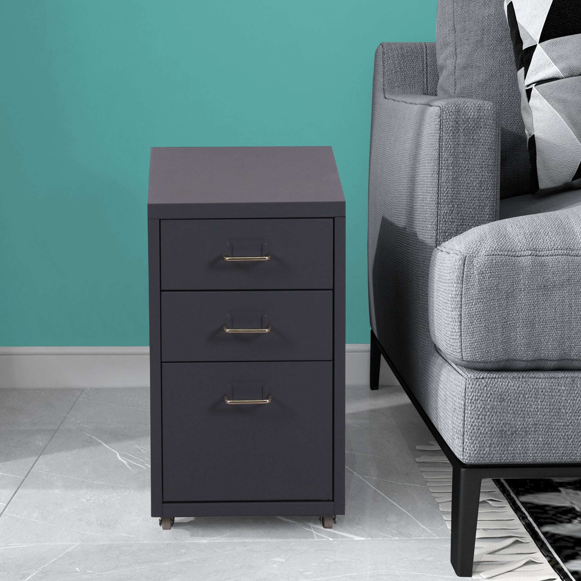 Cassettiera Kökar in Acciaio Mobile Archivio con 3 Cassetti e Rotelle - Grigio Opaco [en.casa]