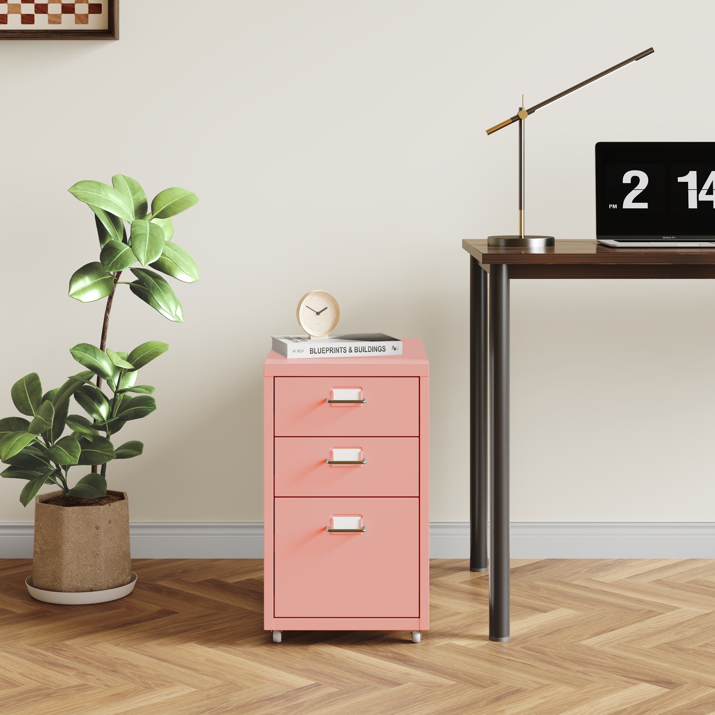 Cassettiera Kökar in Acciaio Mobile Archivio con 3 Cassetti e Rotelle - Rosa [en.casa]