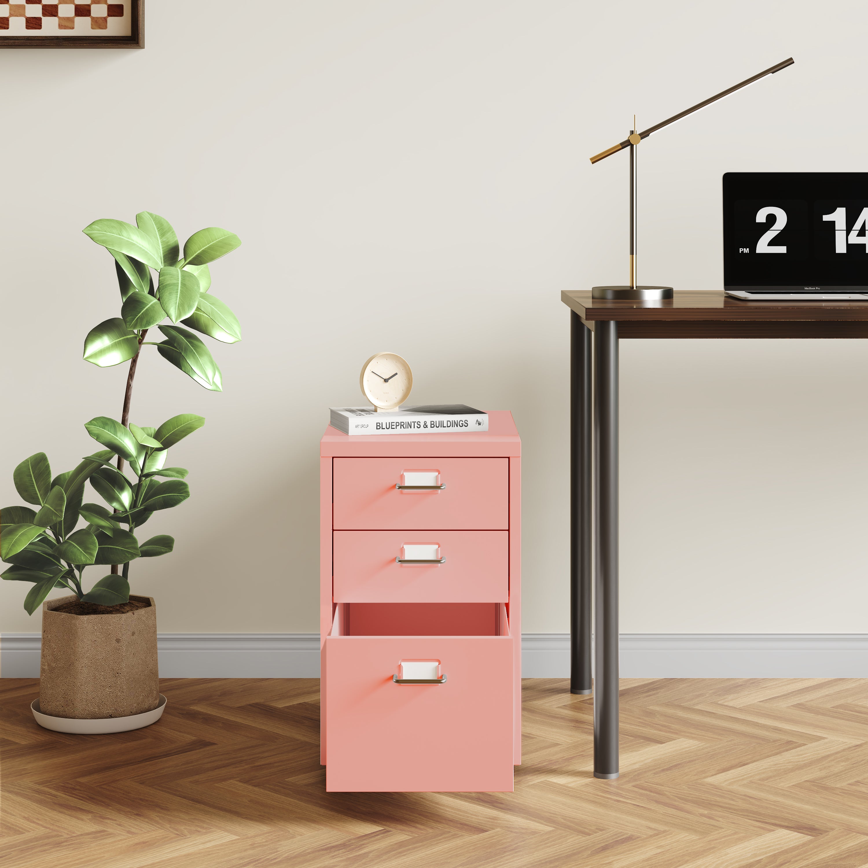 Cassettiera Kökar in Acciaio Mobile Archivio con 3 Cassetti e Rotelle - Rosa [en.casa]