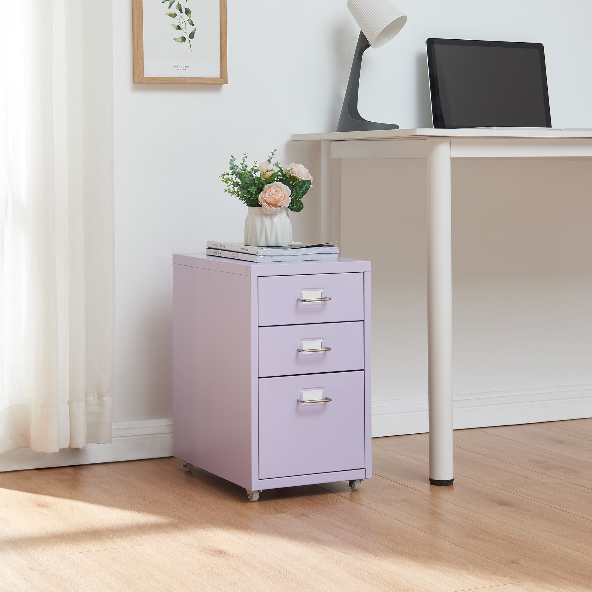 Cassettiera Kökar in Acciaio Mobile Archivio con 3 Cassetti e Rotelle - Lilla [en.casa]