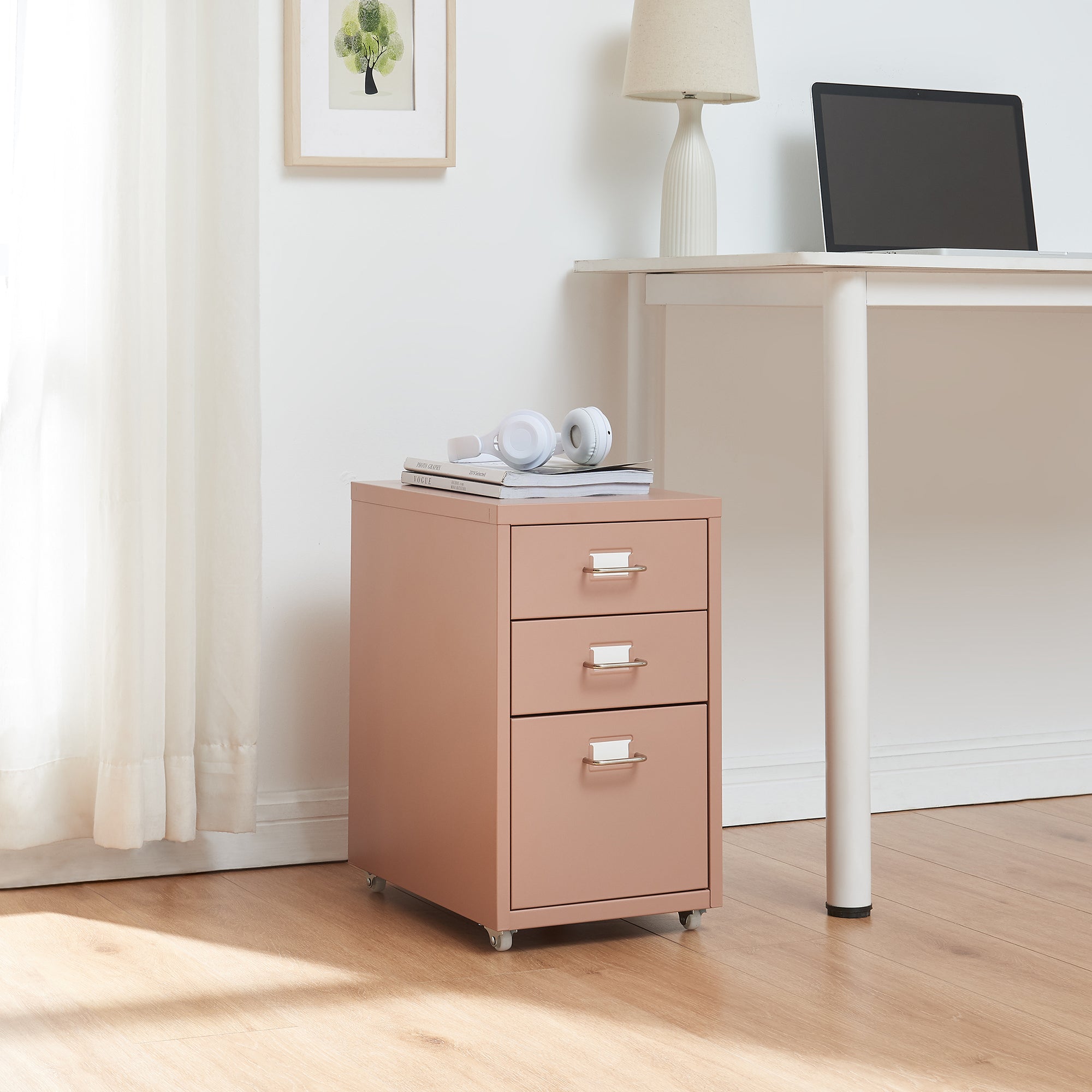 Cassettiera Kökar in Acciaio Mobile Archivio con 3 Cassetti e Rotelle - Marrone Chiaro [en.casa]