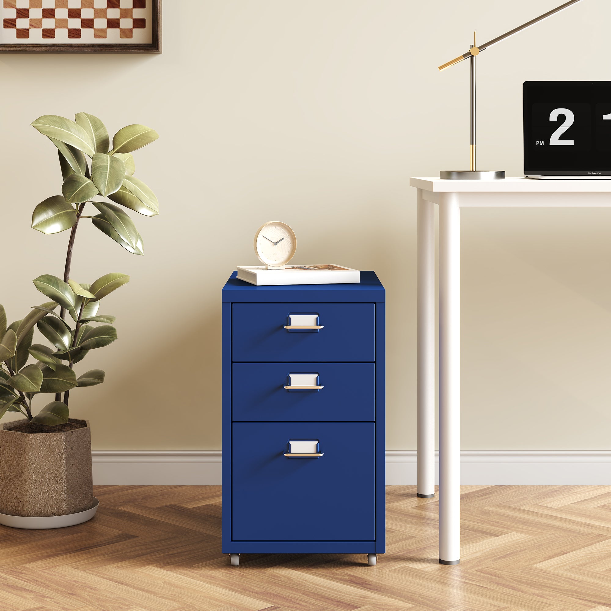 Cassettiera Kökar in Acciaio Mobile Archivio con 3 Cassetti e Rotelle - Blu [en.casa]