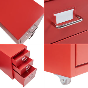 Cassettiera Kökar in Acciaio Mobile Archivio con 3 Cassetti e Rotelle - Rosso [en.casa]