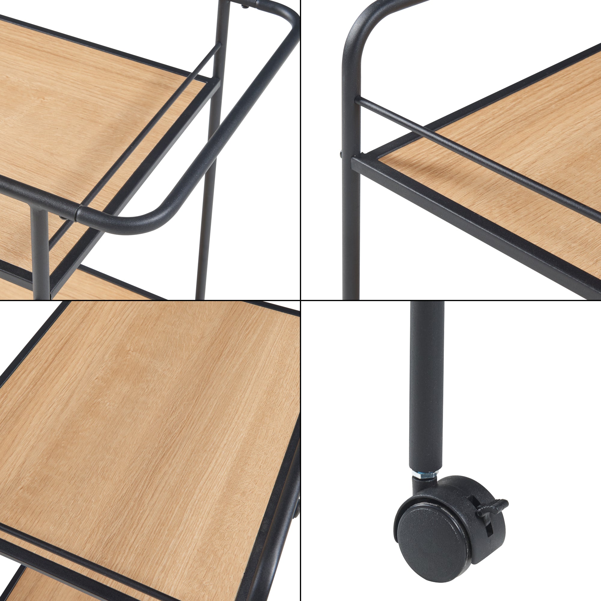 Carrello di Servizio Hole Portavivande con 2 Ripiani 72 x 62 x 45 cm Nero / Effetto Rovere [en.casa]