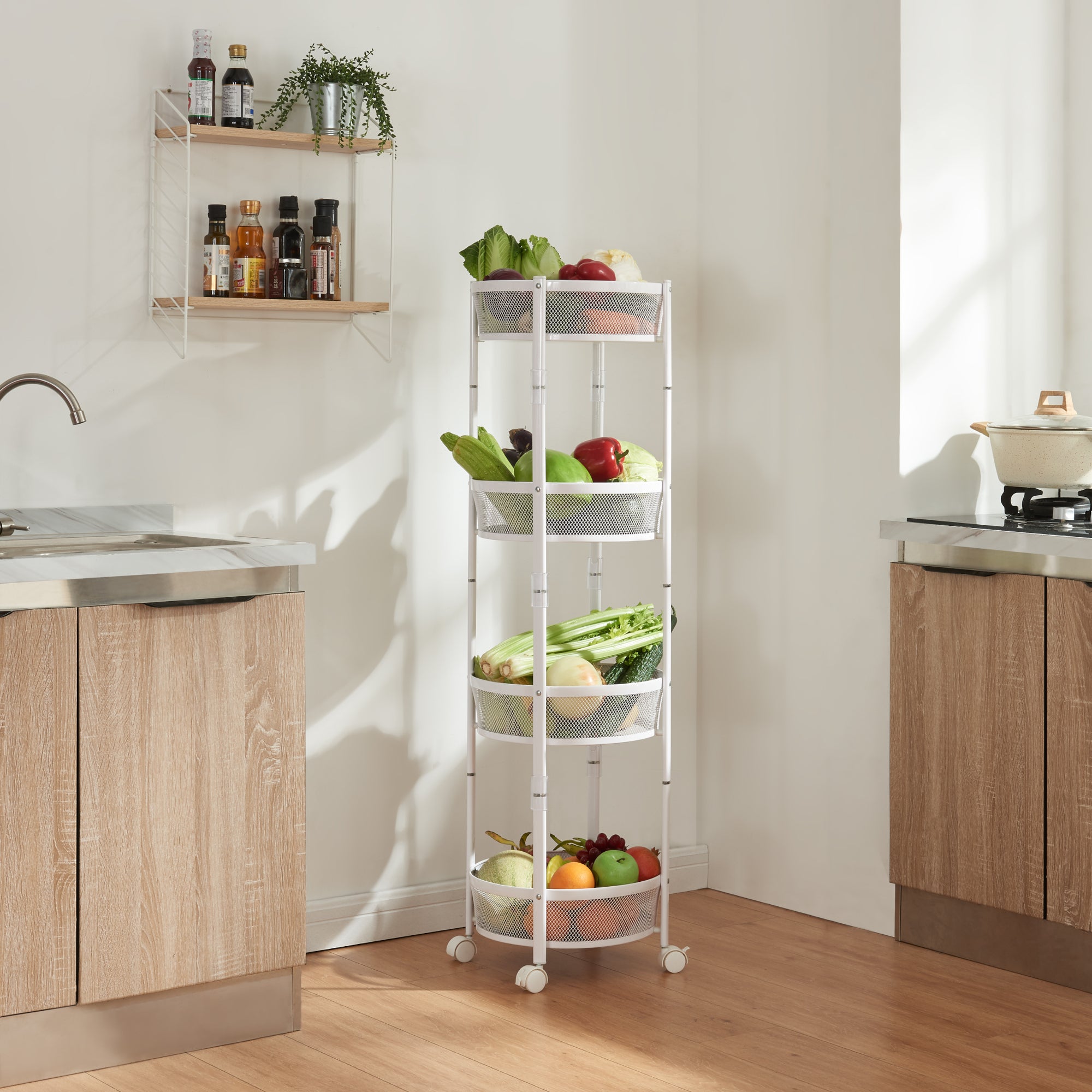 Carrello da Cucina Sørreisa con 4 Cestelli Telaio Pieghevole Bianco [en.casa]